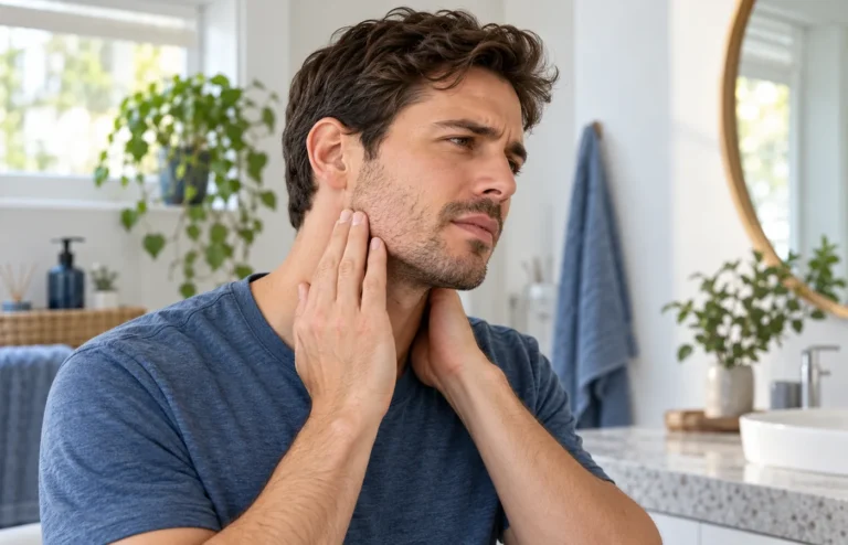 Man touching his jaw and neck while experiencing discomfort
