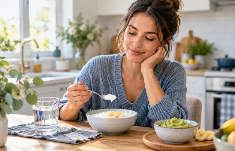 Woman eating soft yoghurt and banana after a tooth extraction