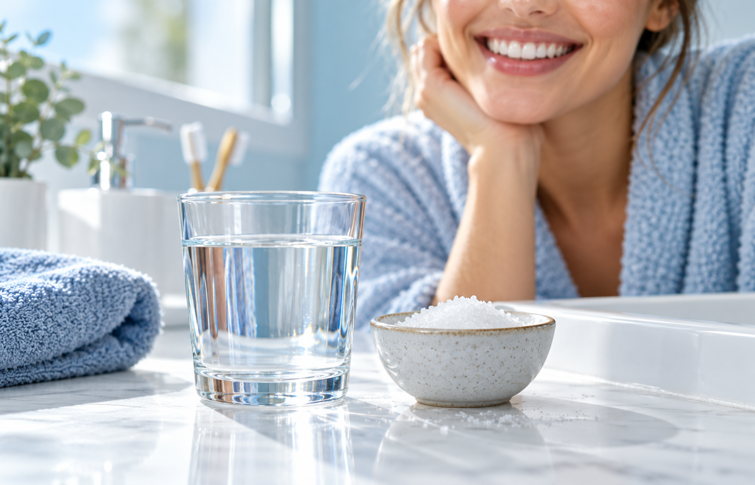 Glass of water and bowl of salt beside a smiling person